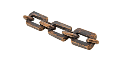Three rusted metal chain links connected isolated on transparent background png