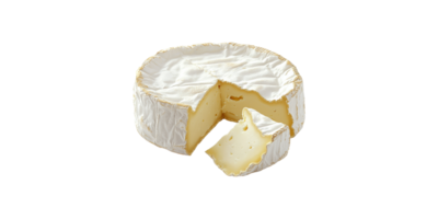 Round soft cheese with one wedge removed isolated on transparent background png