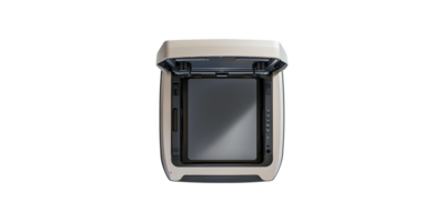 Top view of modern open scanner with lid raised isolated on transparent background png