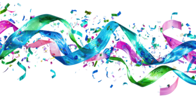 Colorful party ribbons and confetti curved in motion isolated on transparent background png