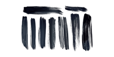 Black paint brush strokes of various sizes and styles isolated on transparent background png