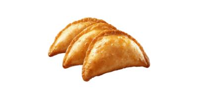 Three golden fried empanadas with crispy texture isolated on transparent background png