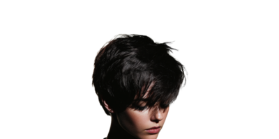 Woman with short black hair in thoughtful pose isolated on transparent background png