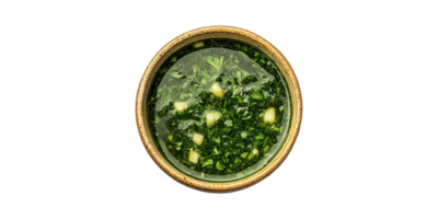 Bowl of fresh herb and garlic soup top view isolated on transparent background png