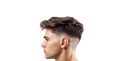 Side view of man's modern hairstyle featuring undercut isolated on transparent background png