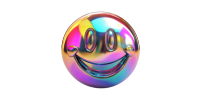 Metallic iridescent smiley face emoji with rainbow colors isolated on transparent background png