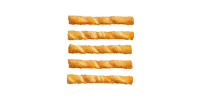 Five crunchy breadsticks in aligned row with crisp texture isolated on transparent background png