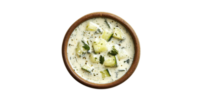 Bowl of traditional greek tzatziki sauce with cucumber cubes isolated on transparent background png