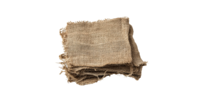 Stack of rustic burlap fabric pieces with frayed edges isolated on transparent background png