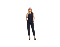 Elegant Woman in Navy Jumpsuit with Hands in Pockets Full Length. png