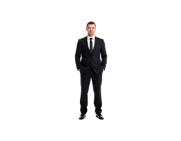 Confident Businessman in Dark Suit with Hands in Pockets Smiling. png