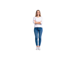 Smiling Woman with Arms Crossed in White Top and Jeans. png