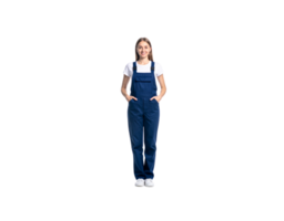 Smiling Woman in Blue Overalls and White TShirt with Hands in Pockets. png
