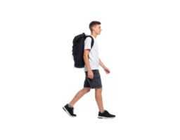 Teenager Walking with Backpack Wearing White TShirt and Gray Shorts. png