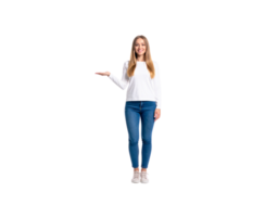 Smiling Woman in White Top and Jeans Presenting with Open Hand. png