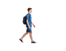 Young Man Walking with Denim Outfit and Backpack Side View. png