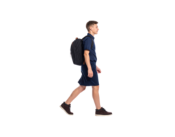 Teenager Walking with Backpack in Blue Outfit and Brown Boots. png