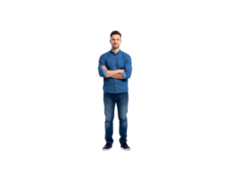 Confident Man in Denim Outfit with Arms Crossed Smiling. png