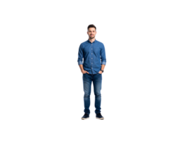 Smiling Man in Denim Outfit Standing with Hands in Pockets. png