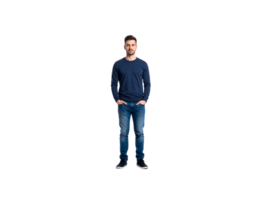 Fulllength portrait of a man in casual blue attire hands in pockets. png