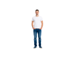 Smiling Man in White TShirt and Jeans with Hands in Pockets. png