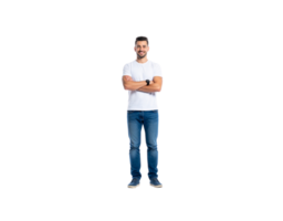 Smiling Man in White TShirt and Jeans with Arms Crossed Confident Pose. png