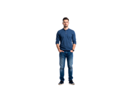 Full Shot of a Man in Blue Shirt and Jeans with Hands in Pockets. png