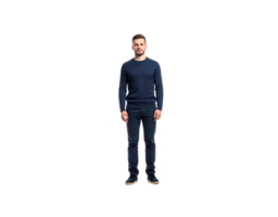 Fulllength portrait of a man in a blue cableknit sweater and matching pants. png