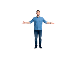Smiling Man in Denim Outfit with Open Arms Gesture. png