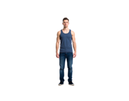 Fulllength portrait of a man in a blue tank top and jeans. png
