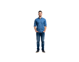 Smiling man in denim shirt and jeans with hands in pockets. png