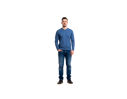 Fulllength portrait of a smiling man in blue sweater and jeans. png