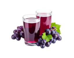 Two Glasses of Dark Red Grape Juice with Fresh Grapes and Leaves. png