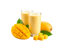 Refreshing Mango Lassi Two Glasses with Fresh Mango Fruit and Cubes. png