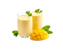 Two Glasses of Mango Smoothie with Mint and Fresh Mango Chunks. png