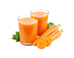 Fresh Carrot Juice in Glass Cups with Whole and Sliced Carrots. png