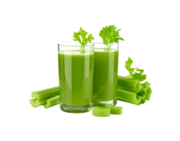 Two Glasses of Fresh Celery Juice with Celery Stalks and Leaves. png