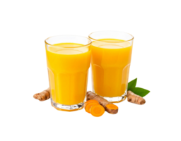 Two Glasses of Vibrant Turmeric Juice with Fresh Root Slices. png