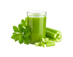Fresh Celery Juice in Glass with Stalks and Leafy Green Garnish. png
