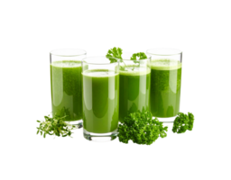 Four Glasses of Fresh Green Smoothie with Herbs and Parsley Garnish. png