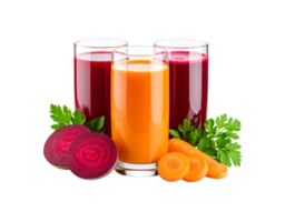 Freshly Squeezed Beet and Carrot Juice in Clear Glass with Vegetables. png