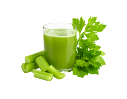 Fresh Celery Juice in Glass with Stalks and Leaves Arrangement. png