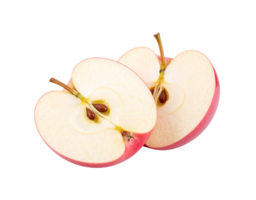 Two Halved Red Apples with Seeds and Stems CloseUp. png