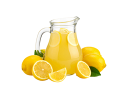 Refreshing Lemonade in Glass Pitcher with Sliced Lemons and Green Leaves. png