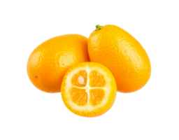 Kumquats Two Whole and One Halved Showing Seeds and Segments. png