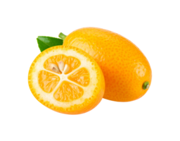 Fresh Kumquats Whole and Halved with Green Leaf Detail. png