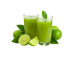 Refreshing Lime Juice in Clear Glasses with Fresh Limes and Leaves. png