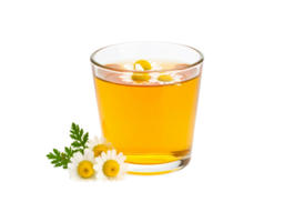 Chamomile Tea in Glass with Floating and Side Flowers Herbal Infusion. png