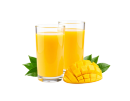 Two Glasses of Fresh Mango Juice with Mango Cubes and Green Leaves. png