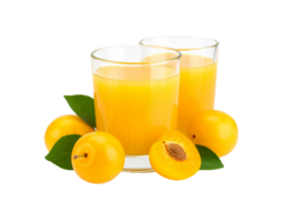 Two Glasses of Yellow Plum Juice with Fresh Plums and Green Leaves. png